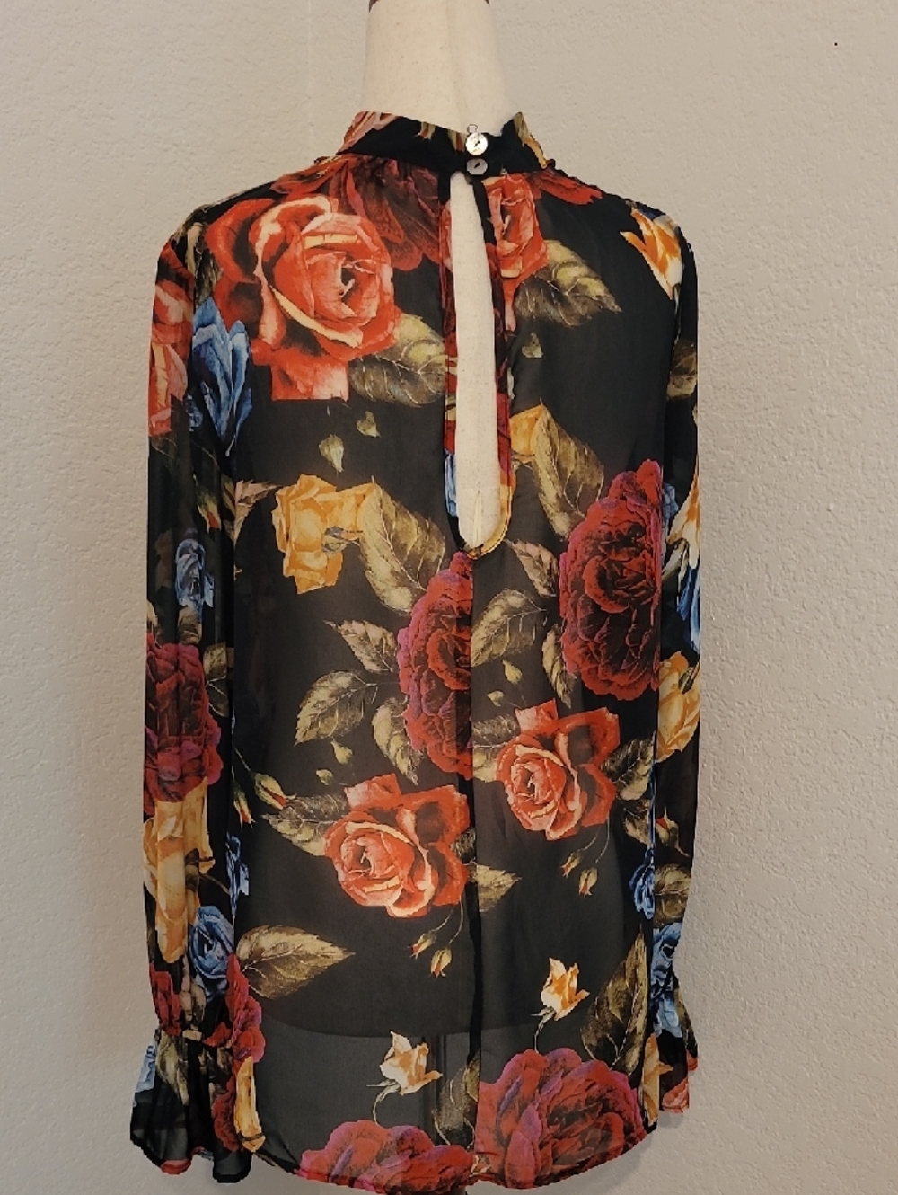 Show Me Your MuMu Black Floral Mock-Neck Blouse with Red, Blue & Yellow Roses - Picture 3 of 5